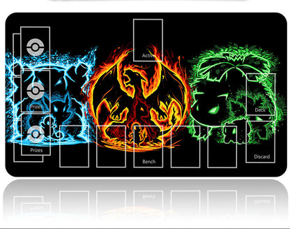 Pokémon themed card game mat with three elemental symbols and a metal card holder.