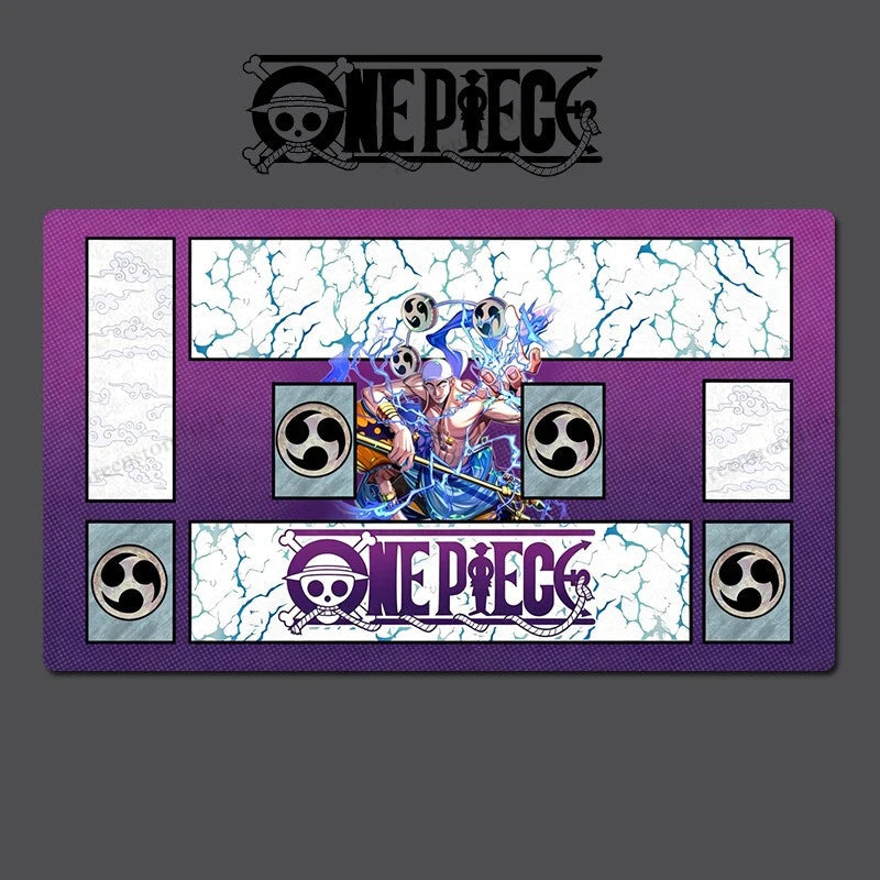 A rectangular One Piece themed desk mat or mouse pad with a purple border and a detailed illustration of Trafalgar Law in the center, set against a dark gray background with a One Piece logo above.