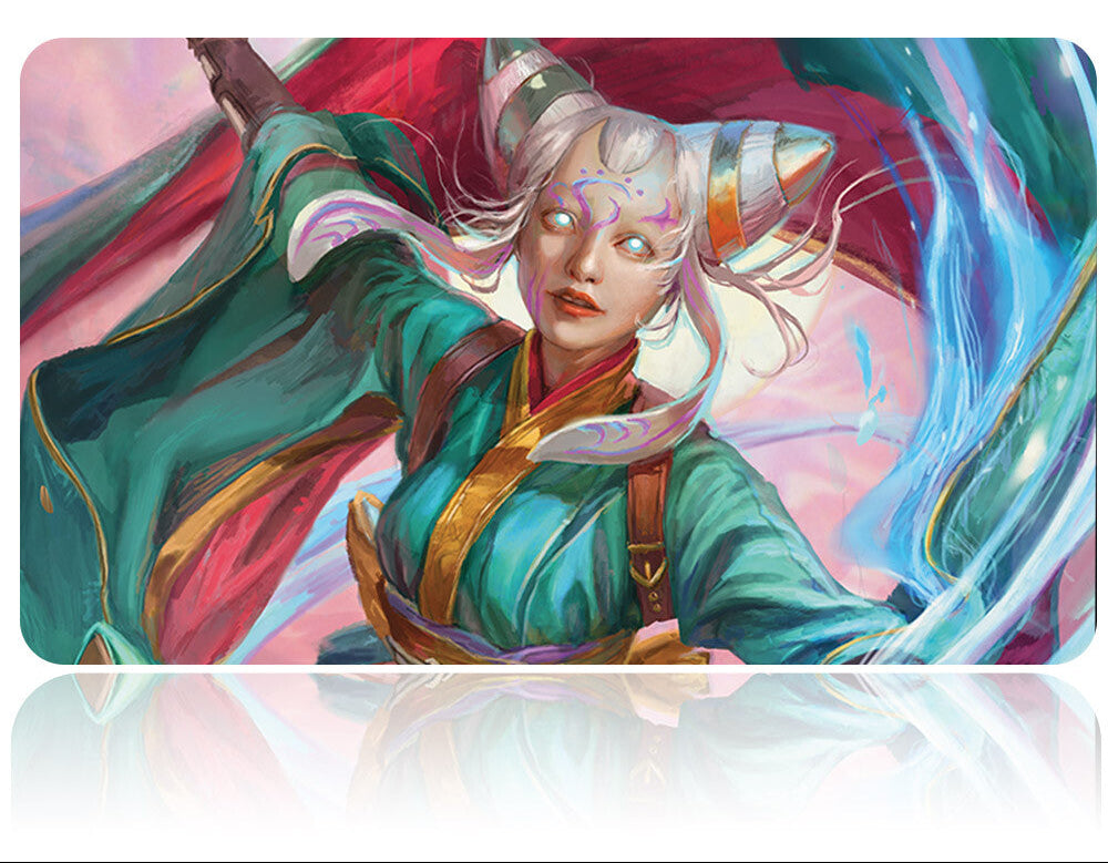 Futuristic weapon with a colorful character design on a reflective surface