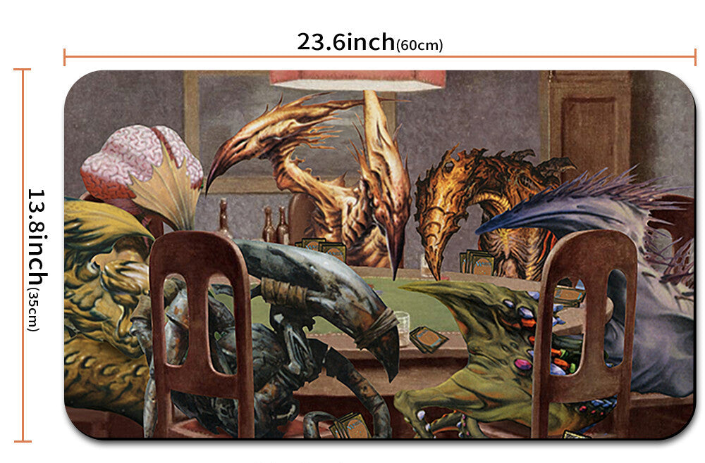 Decorative mat with fantasy design featuring dragons and measurements, shown with a carrying strap.