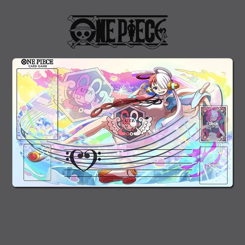 One Piece card game playmat with colorful design and character illustration on a gray background