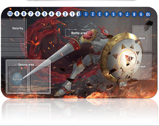 Card game mat with game elements and a pen on a white background