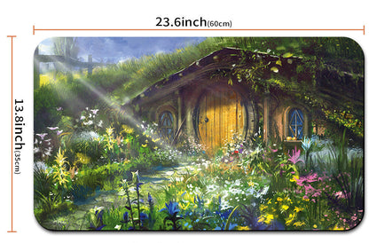 Illustration of a hobbit house with garden and measurements, including a carrying strap.
