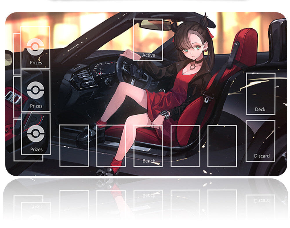 Card game mat with anime character in a car, surrounded by game interface elements.