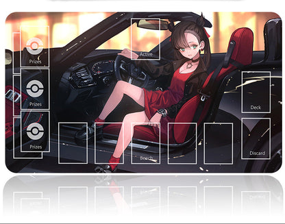 Card game mat with anime character in a car, surrounded by game interface elements.