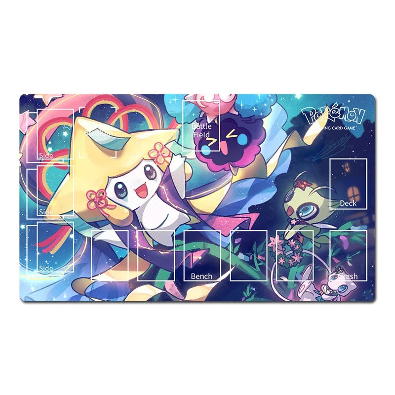 A rectangular Pokémon Trading Card Game playmat with colorful anime artwork featuring a yellow character, a purple creature, and game area labels, shown on a plain white background.