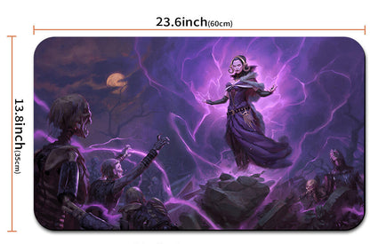 Fantasy-themed mouse pad with dimensions and a carrying strap shown.