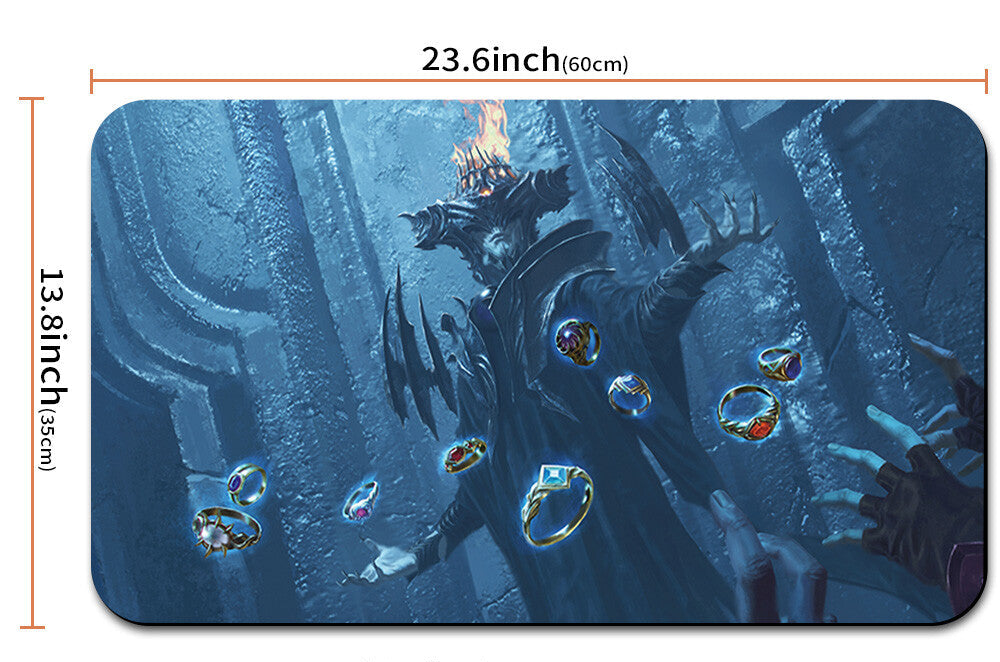 Mouse pad with gaming design and measurements, featuring a drawstring bag.