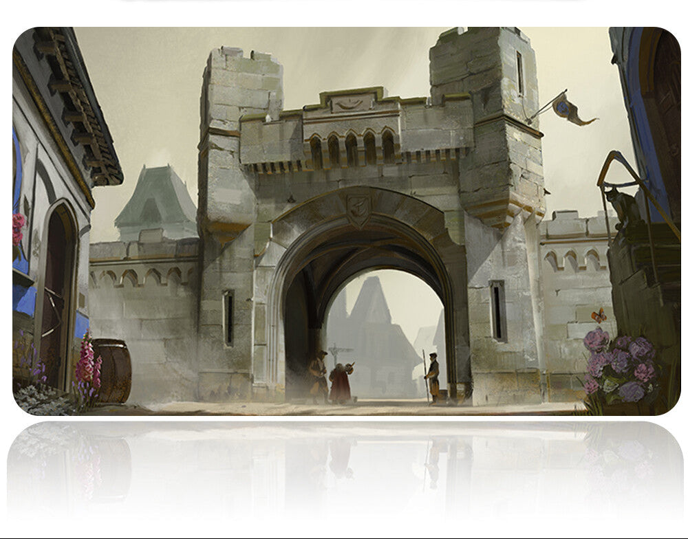 Castle gate with people and flowers, featuring a product on top