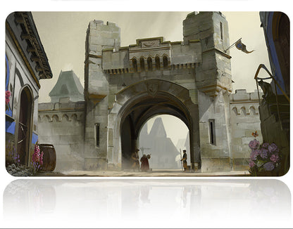Castle gate with people and flowers, featuring a product on top