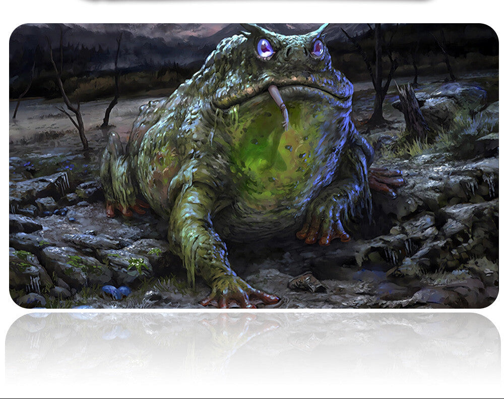 Frog-like creature with glowing eyes on a dark, forested background