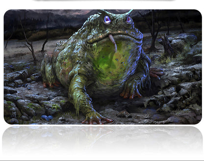 Frog-like creature with glowing eyes on a dark, forested background