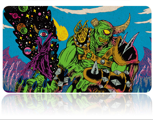 Colorful card with fantasy design featuring a green creature and space-themed elements, with a silver tool on top.