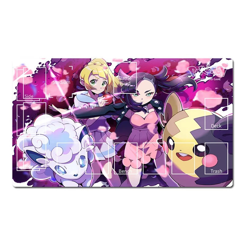 A rectangular Pokémon-themed gaming mat or playmat with rounded corners, featuring anime characters and Pokémon on a pink and purple background. The mat includes printed play zones labeled Side, Attack, Defense, Bench, Trash, and Deck, plus a Pokémon logo in the top right.