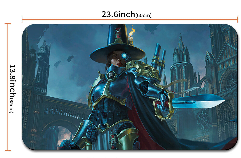 Fantasy character mouse pad with dimensions and a carrying strap shown below.