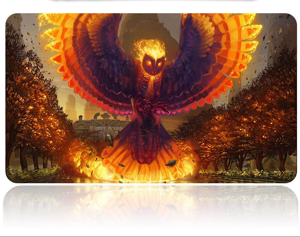 Card with a fantasy creature design featuring a glowing owl-like being in an autumnal landscape.