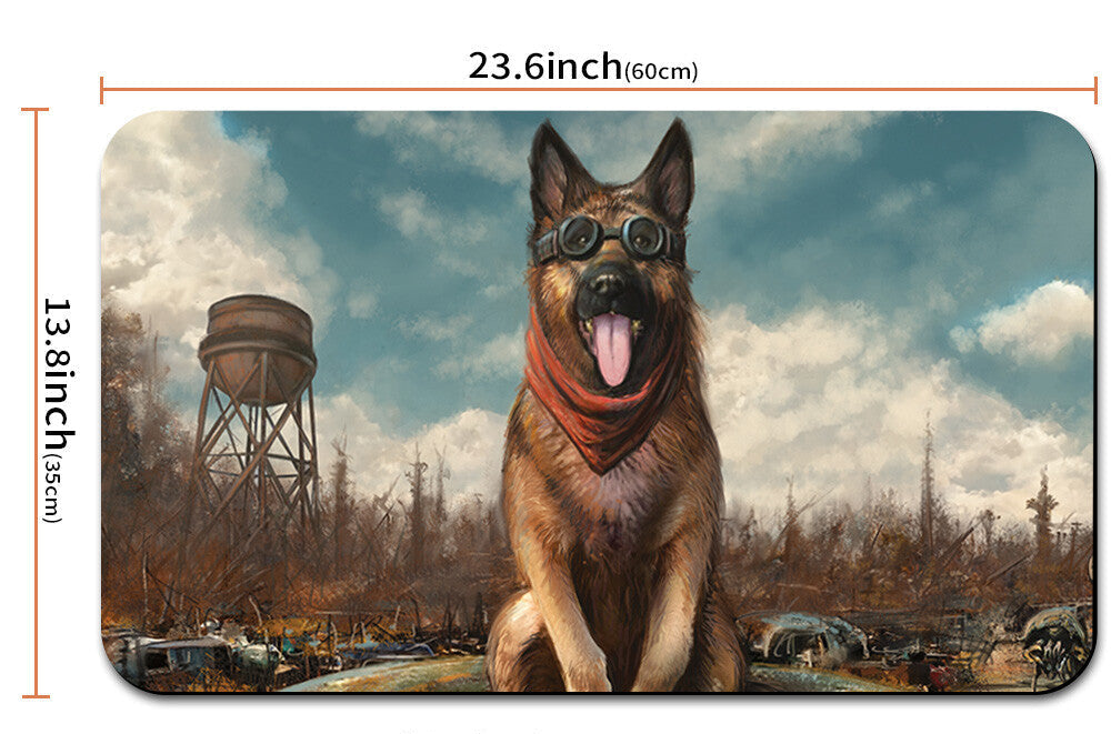 Mouse pad with a dog design and measurements, including a drawstring bag.