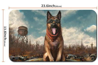 Mouse pad with a dog design and measurements, including a drawstring bag.