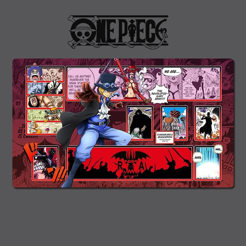 One Piece-themed playmat with character and text design on a dark background