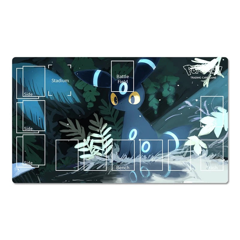 A rectangular gaming playmat featuring a dark blue cat character with glowing yellow eyes and blue stripes, set against a dark forest background. The playmat includes white outlined zones labeled for a chess game: Stadium, Battle Field, Side, Bench, and Vem.