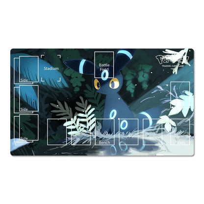A rectangular gaming playmat featuring a dark blue cat character with glowing yellow eyes and blue stripes, set against a dark forest background. The playmat includes white outlined zones labeled for a chess game: Stadium, Battle Field, Side, Bench, and Vem.