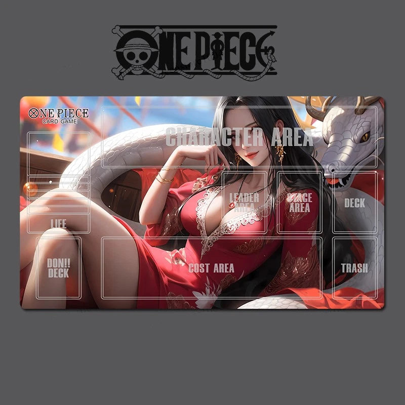 A One Piece themed gaming playmat featuring an anime illustration of a woman in a red dress and a white dragon, overlaid with a white card game deck layout including zones labeled Life, Don't Die, Leader, Space Area, Deck, Post Area, and Trash. The One Piece logo is visible at the top, and the playmat is shown on a dark gray background.