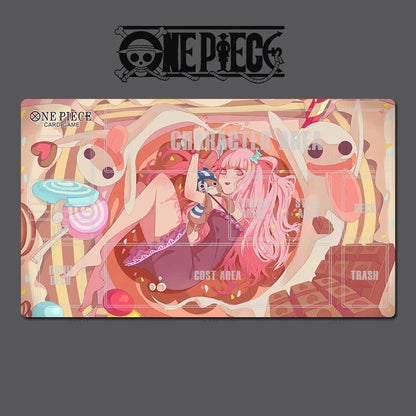 One Piece card game playmat with anime-style design on a dark background