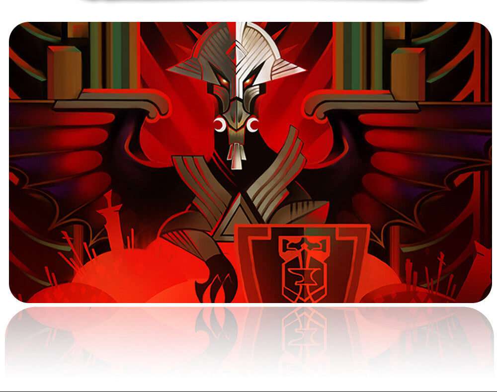Decorative mouse pad with a fantasy design featuring a central character and symbols, with a tool on top.