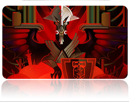 Decorative mouse pad with a fantasy design featuring a central character and symbols, with a tool on top.