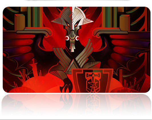 Decorative mouse pad with a fantasy design featuring a central character and symbols, with a tool on top.