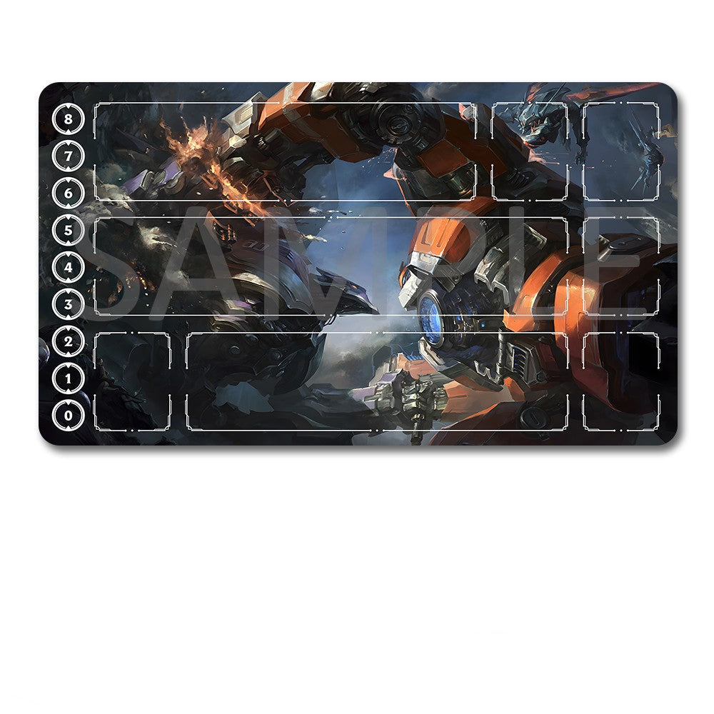 A rectangular gaming playmat with a dark sci-fi mecha battle illustration, shown above a black drawstring storage pouch on a plain white background. The playmat has white grid squares and numbered 0-8 columns on the left side.