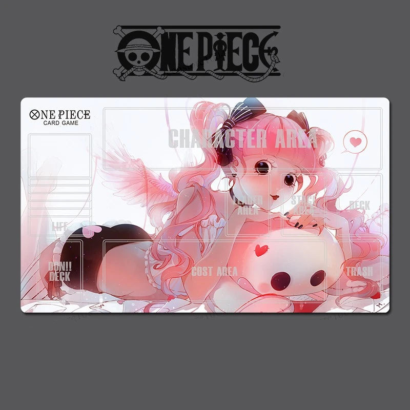 Card game playmat featuring an anime character with pink hair and a bear-like creature, branded 'One Piece'.