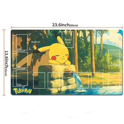 A Pokémon-themed rectangular playmat or mat print shown on a white background with dimension labels. The design features Pikachu resting on a stone by a stream in a forest scene, with printed playmat zones and measurements marked in inches and centimeters.