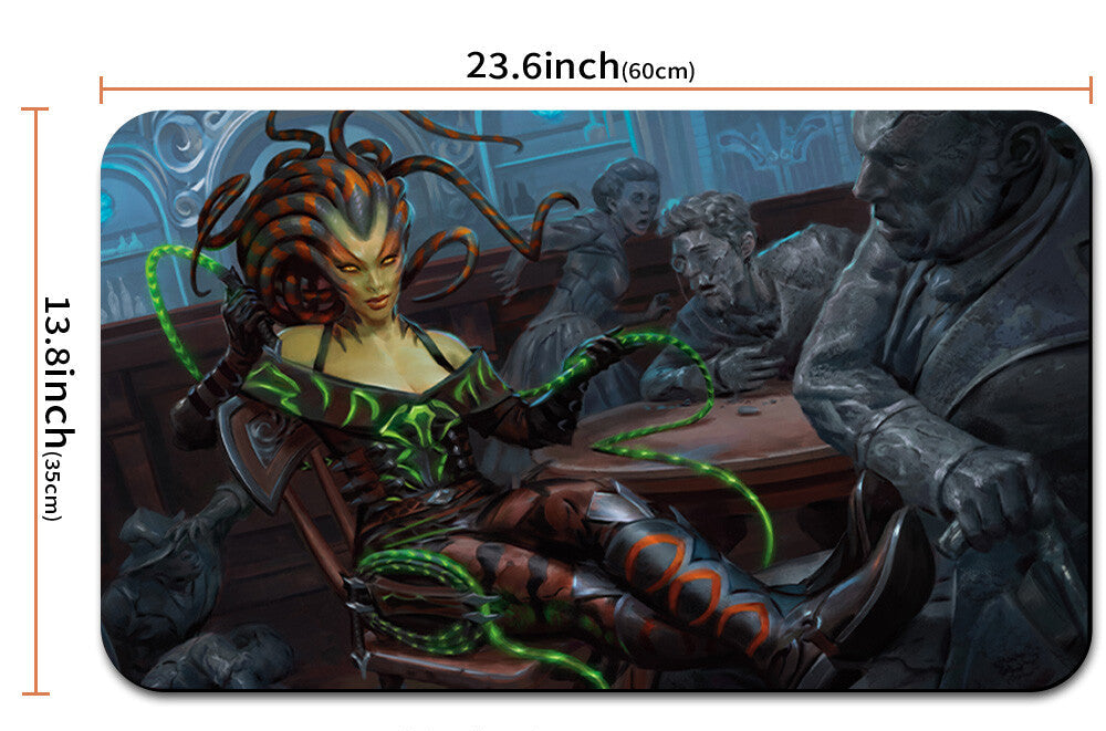 Mouse pad with fantasy design and measurements, including a carrying handle.