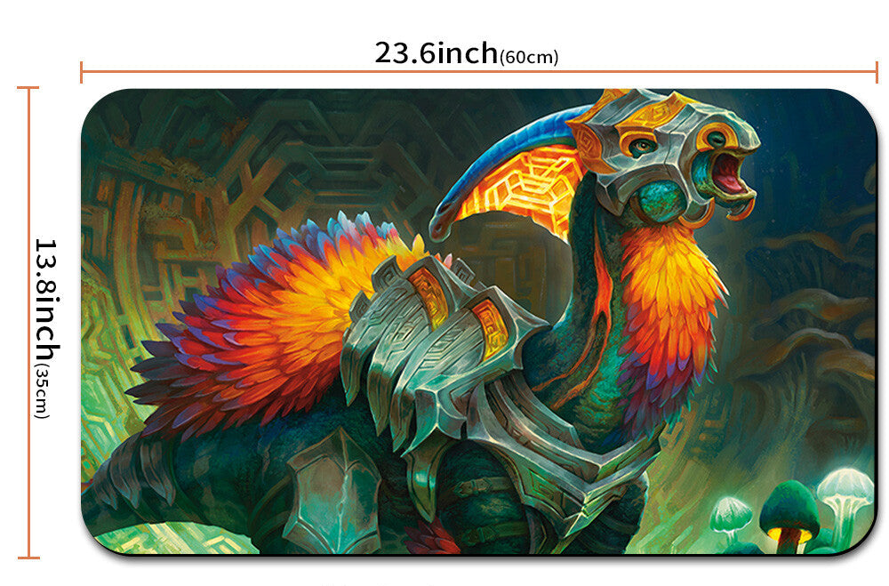 Colorful dragon design mouse pad with dimensions and a carrying strap.