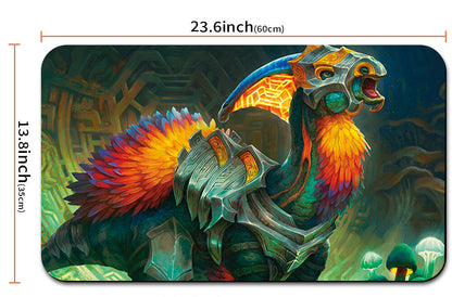 Colorful dragon design mouse pad with dimensions and a carrying strap.
