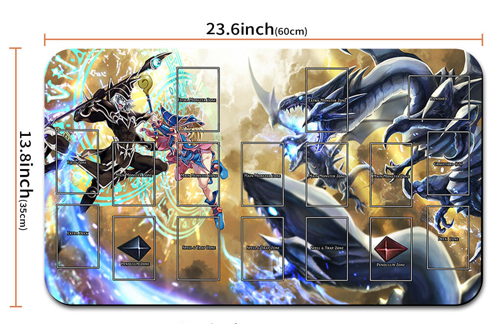 Card game mat with dragon design and measurements