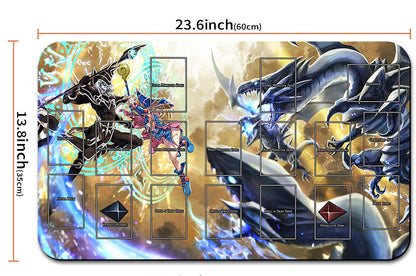 Card game mat with dragon design and measurements