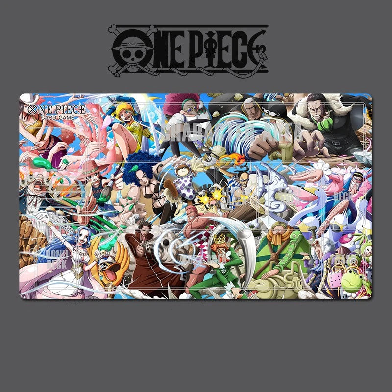A rectangular anime print featuring a dense collage of One Piece characters, with the One Piece logo at the top and faint watermark text across the artwork, shown on a dark gray background.