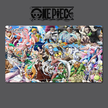 A rectangular anime print featuring a dense collage of One Piece characters, with the One Piece logo at the top and faint watermark text across the artwork, shown on a dark gray background.