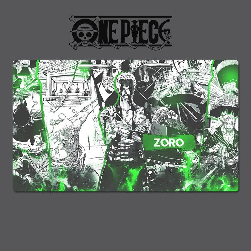 Mouse pad with 'One Piece' character design featuring Zoro, on a dark background.