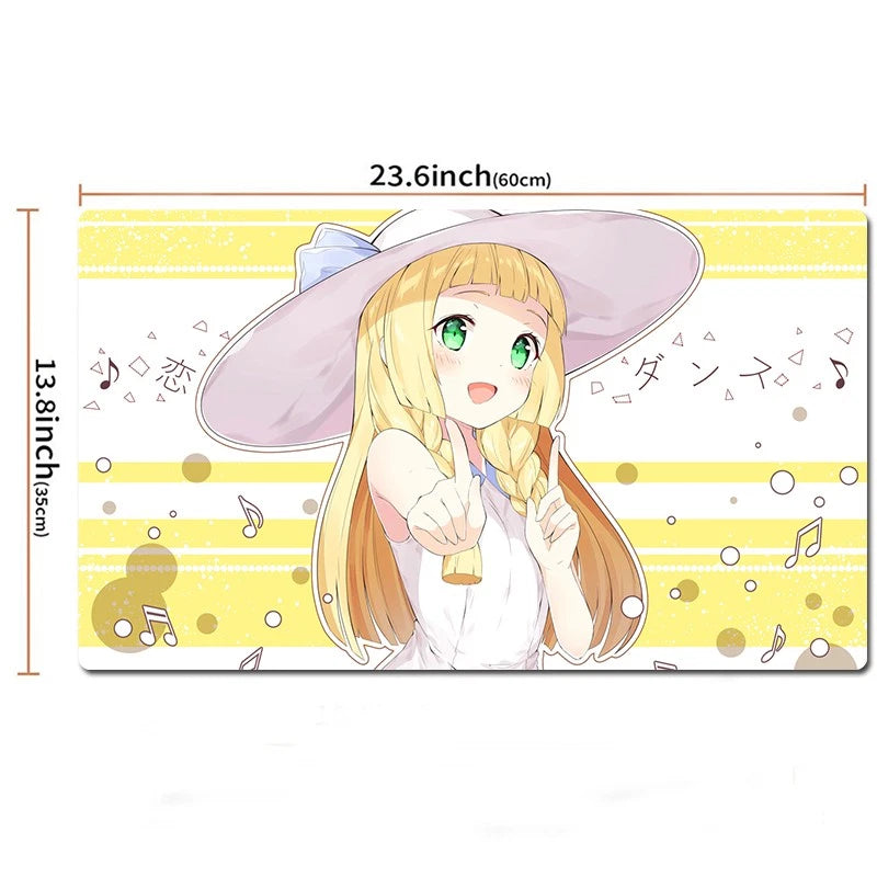 A rectangular printed mat or desk pad featuring an anime-style blonde girl in a large white hat with a bow, shown on a white background with dimension labels reading 23.6 inch by 13.
