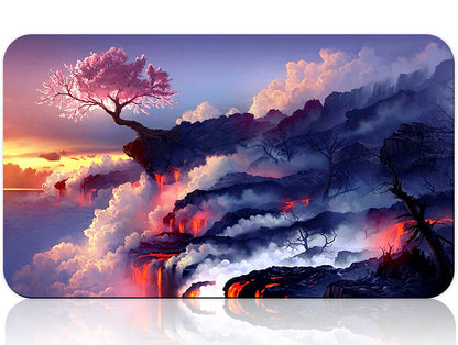 Lava landscape with a tree on a mountain peak, featuring a product below.