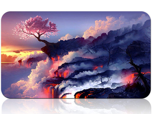 Lava landscape with a tree on a mountain peak, featuring a product below.