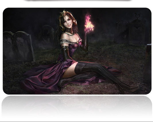 Fantasy-themed mouse pad with a character holding a flaming staff in a dark,墓地-like setting.