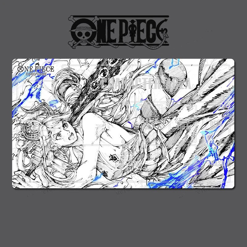A rectangular One Piece themed desk mat or mouse pad featuring a black and white line art illustration of characters with blue ink accents, shown against a dark gray background with the One Piece logo above.
