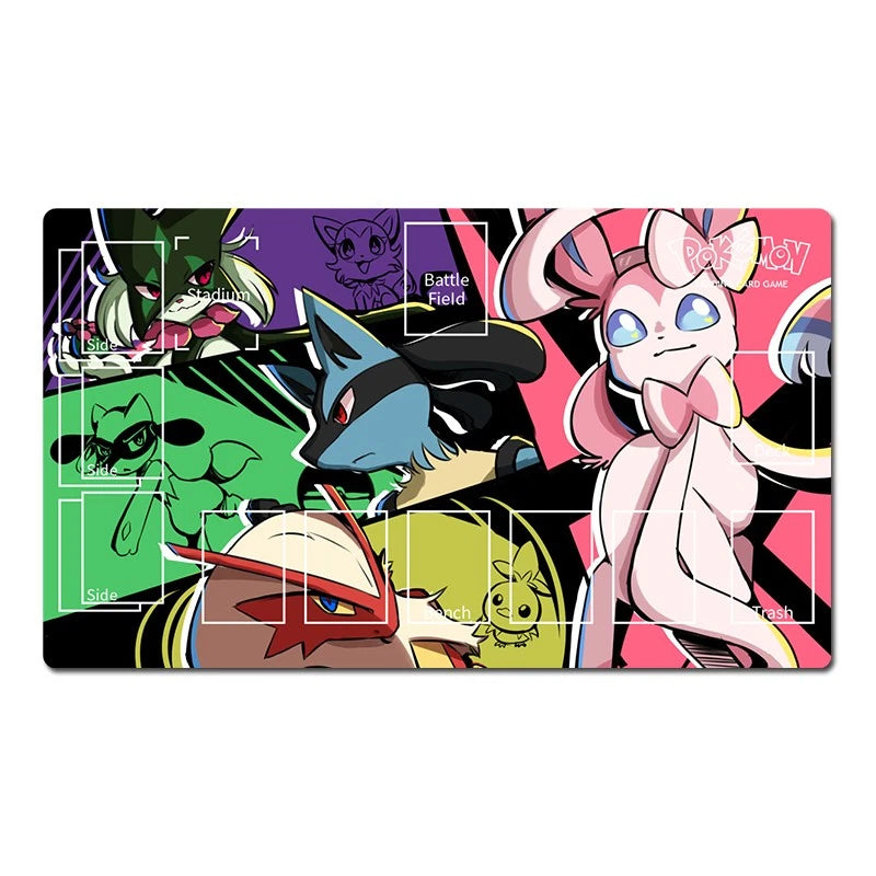 A rectangular anime-themed gaming playmat featuring characters from Pokémon, including Eevee, with a colorful collage design and printed play area markings on a white background.