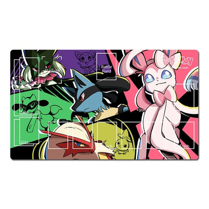 A rectangular anime-themed gaming playmat featuring characters from Pokémon, including Eevee, with a colorful collage design and printed play area markings on a white background.