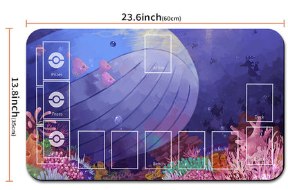 Pokemon-themed playmat with underwater design and measurements, including a carrying strap.