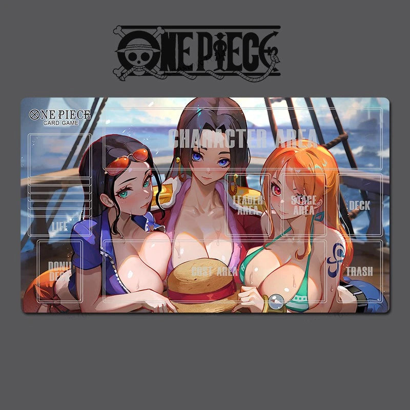 Card game mat featuring characters from 'One Piece' with game area labels.